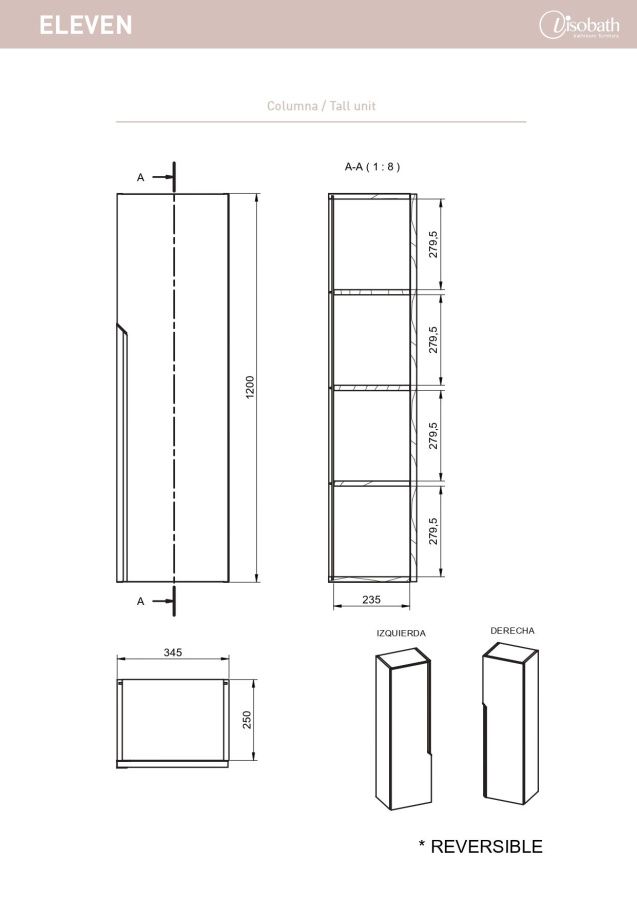 Visobath Eleven, пенал 120x34.5 см, цвет пепельный матовый лак (Ceniza)