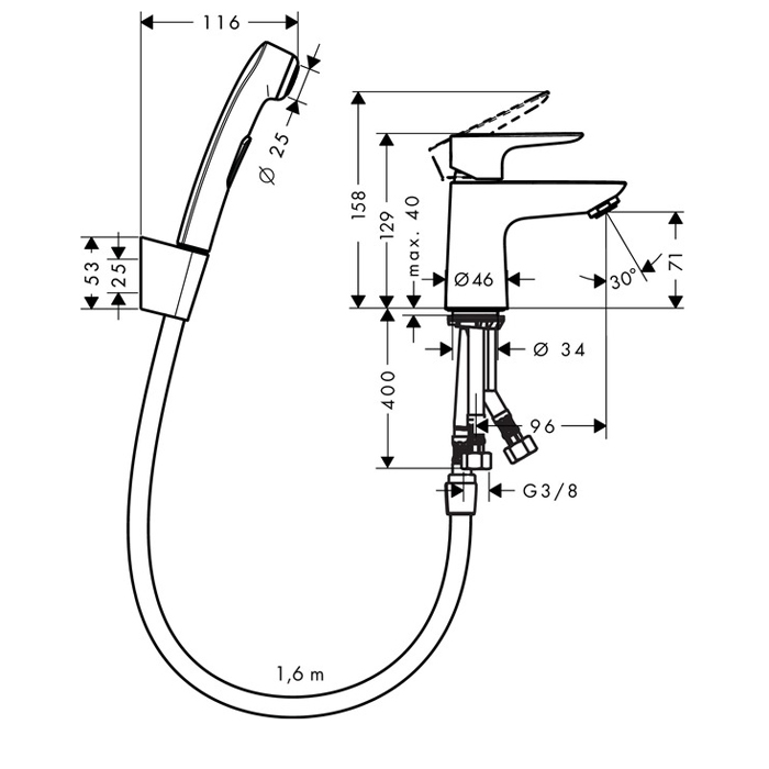 Hansgrohe Talis E, Смеситель для раковины с гигиеническим душем, с донным клапаном, Цвет: хром 71729000