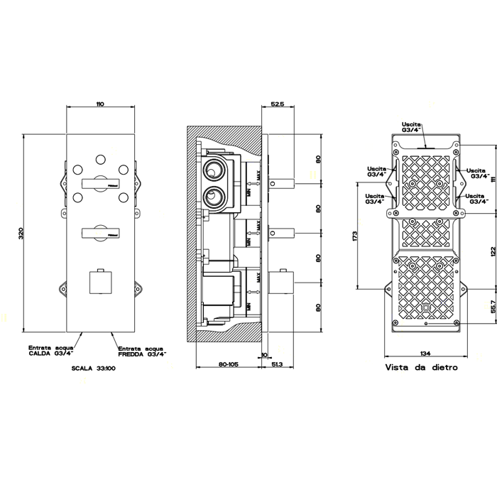 Gessi Rettangolo Встраиваемый термостатический смеситель, подключение на 3/4, с 5-ю выходами и селектором, внешняя часть, цвет: хром 43032#031