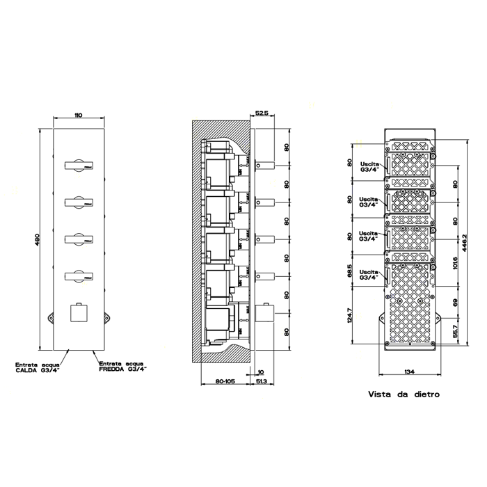 Gessi Rettangolo Встраиваемый термостатический смеситель, подключение на 3/4, с 4-мя независимыми выходами, внешняя часть, цвет: хром 43028#031