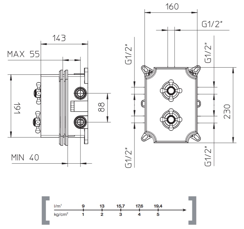 99571110 Palazzani PBox встроенная часть термостатического смесителя для душа на 3 потребителя, 1/2"