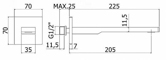 Paffoni TANGO Излив из стены, длина mm.205 подкл. 1/2"  с латунной накладкой 70х70, Paffoni, ZBOC121CR, хром