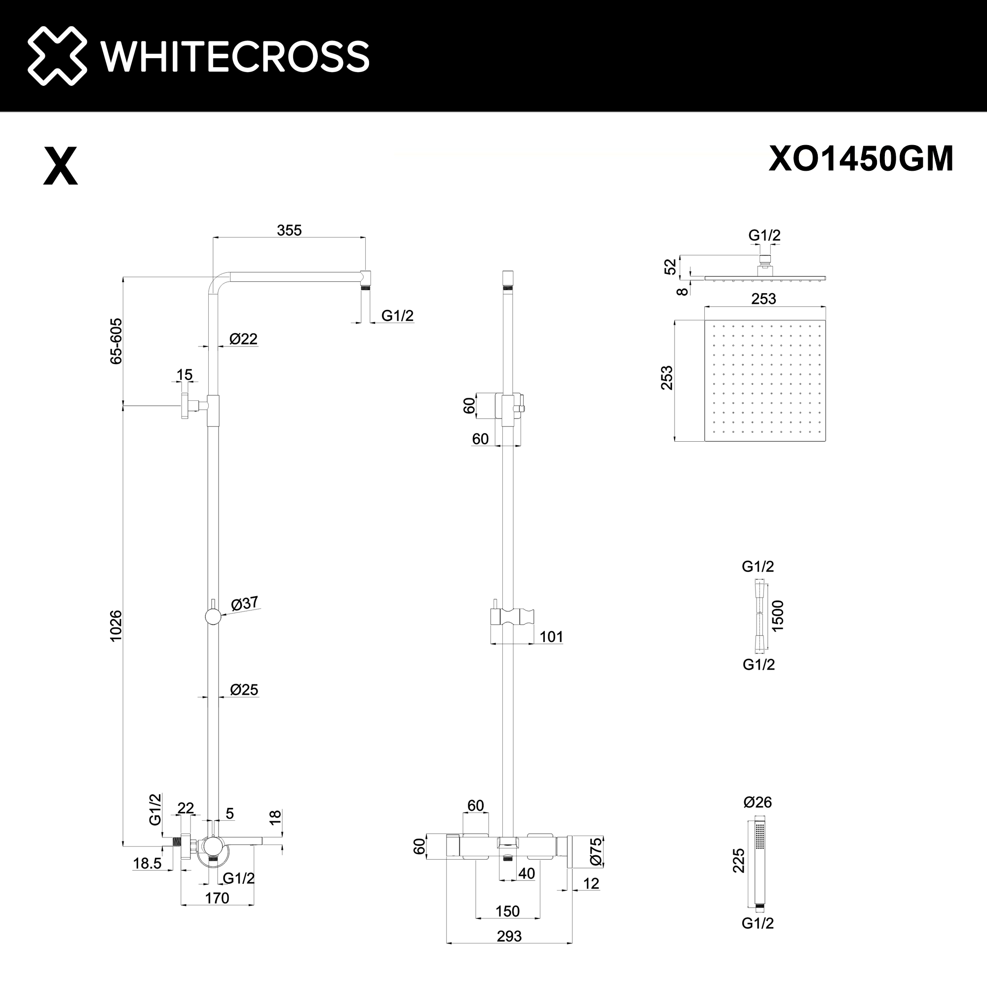 Система для душа наружного монтажа WHITECROSS XO1450GM (оружейная сталь)