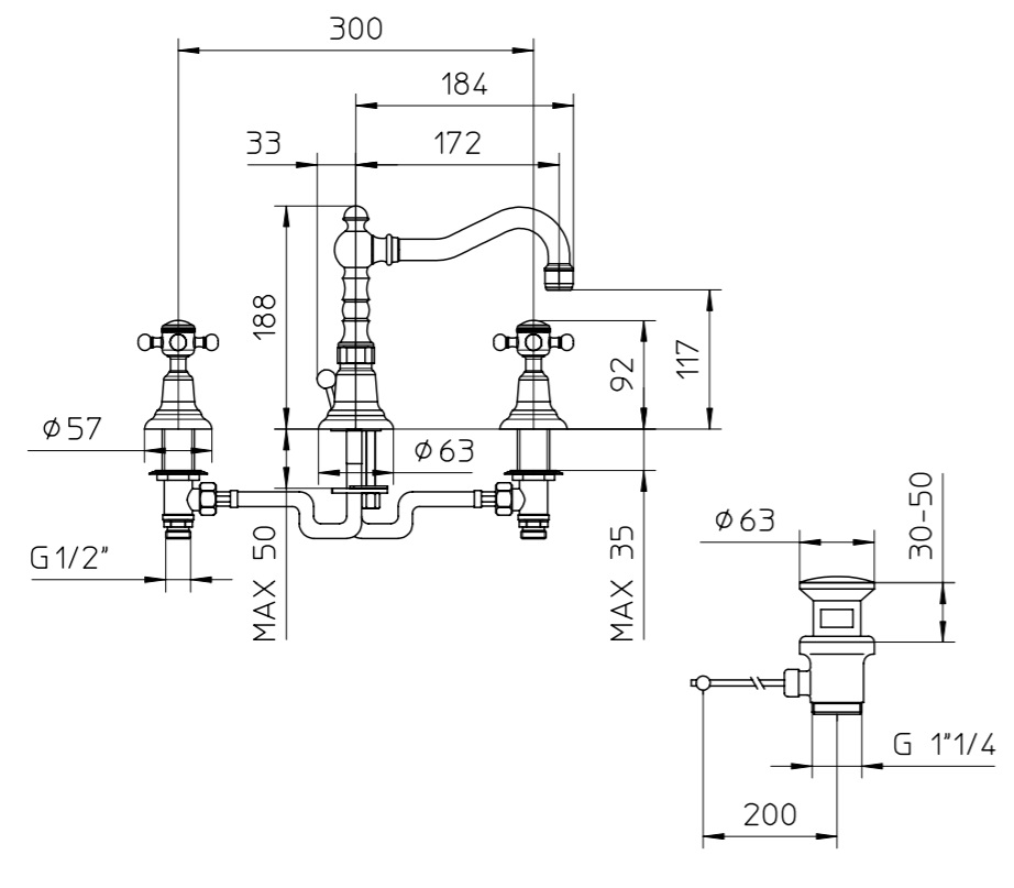 52305083 Adams, смеситель для раковины на 3 отверстия, Золото полированное, PVD 83