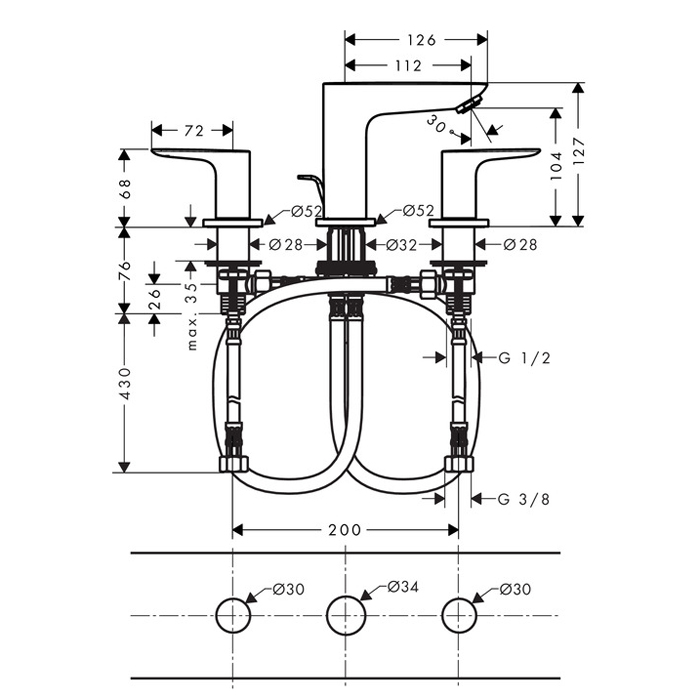 Hansgrohe Talis E Смеситель для раковины на 3 отверстия, с донным клапаном, цвет: хром 71733000