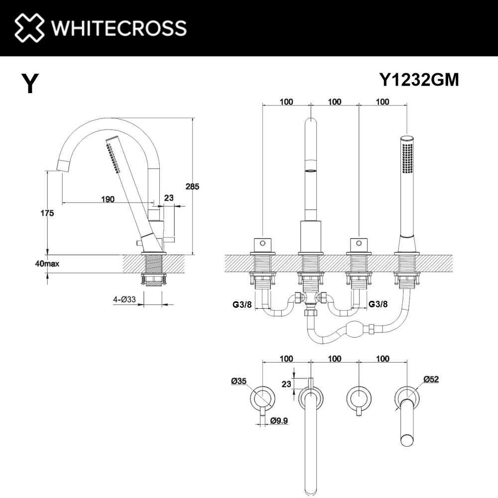 Смеситель для ванны на 4 отверстия WHITECROSS Y1232GM (оружейная сталь)