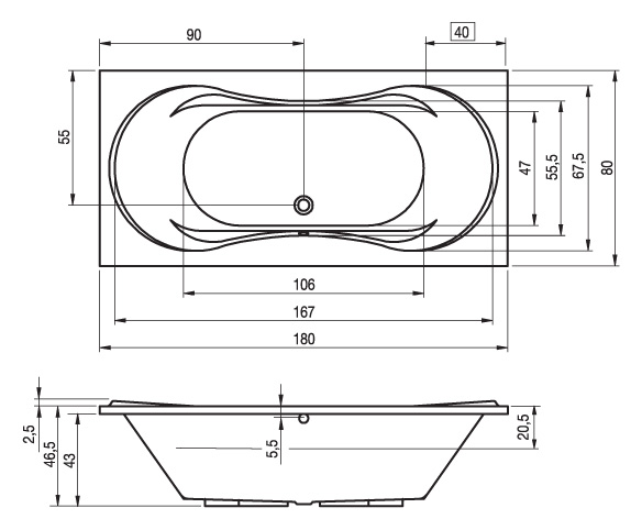 Ванна акриловая RIHO Supreme 180x80 без гидромассажа BA5500500000000
