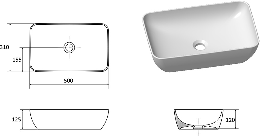 Керамический умывальник 50x31 Ravak UNI 500 R SLIM