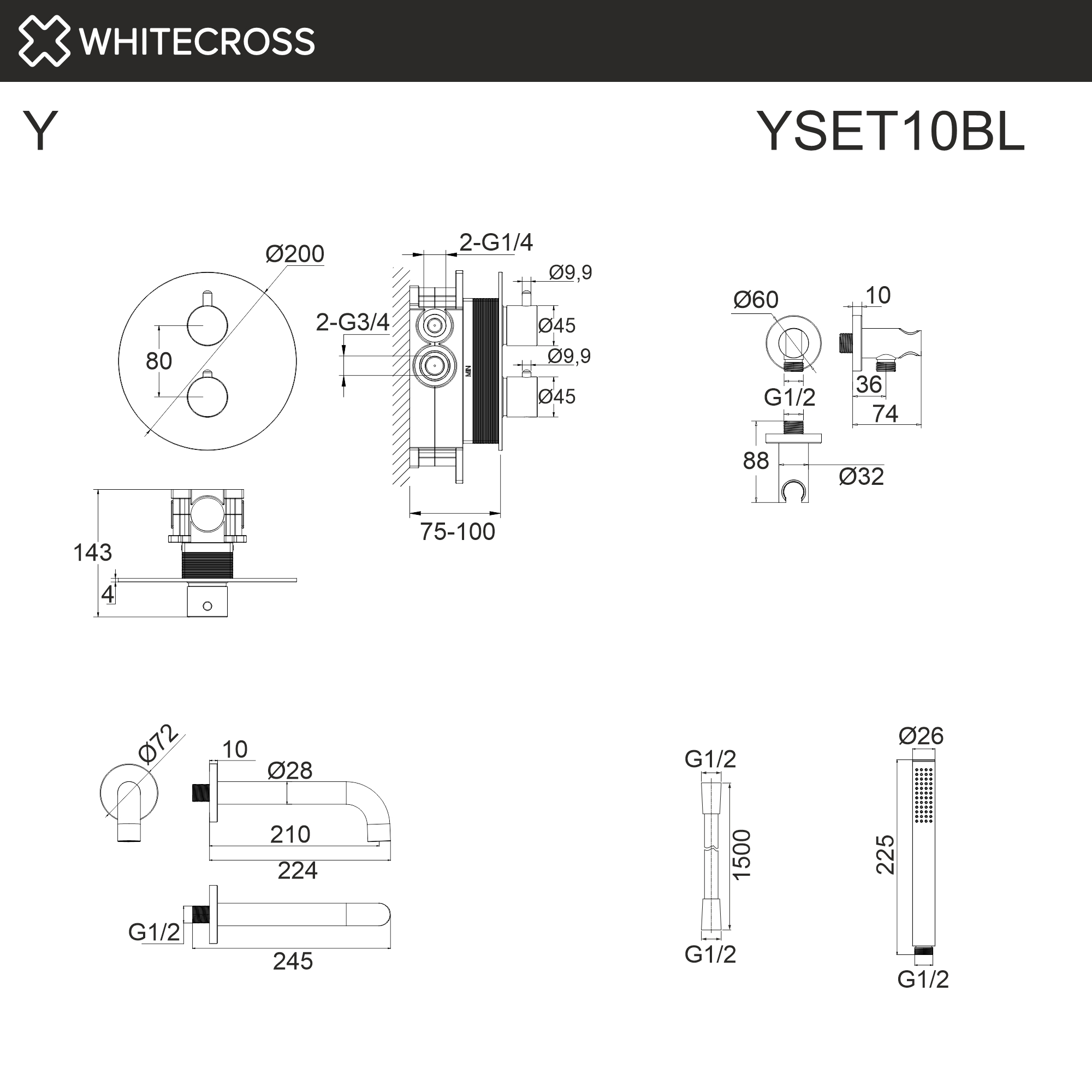 Термостатическая система для ванны скрытого монтажа WHITECROSS YSET10BL (черный мат)