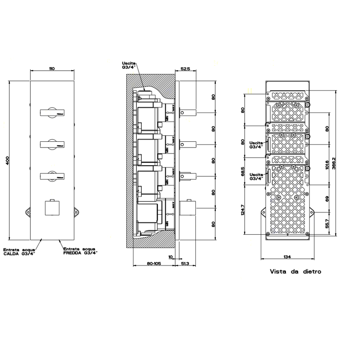 Gessi Rettangolo Встраиваемый термостатический смеситель, подключение на 3/4, с 3-мя независимыми выходами, внешняя часть, цвет: хром 43026#031