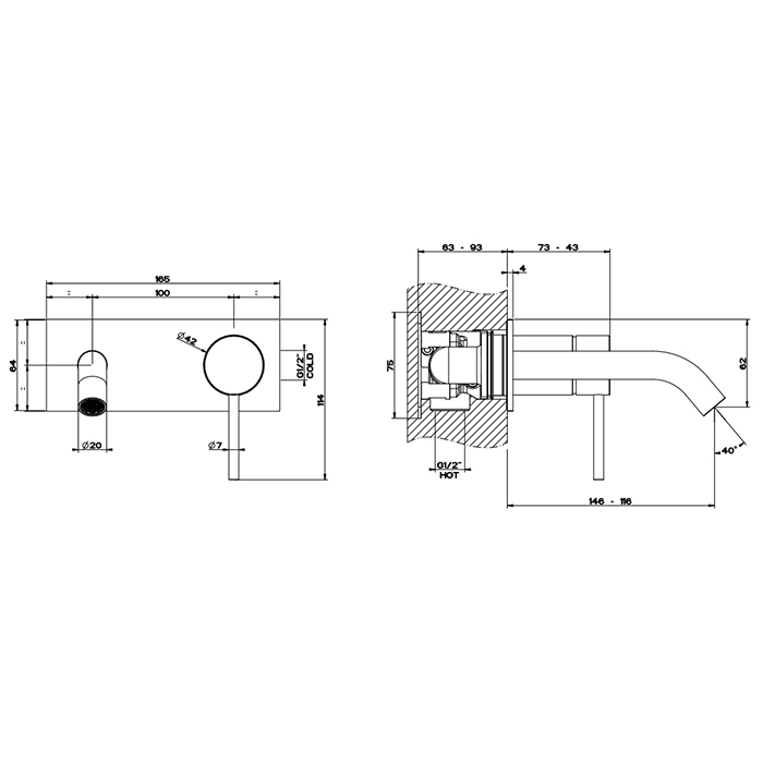 Gessi 316 Встраиваемый смеситель с изливом 147мм, внешняя часть, цвет: steel brushed 54088#239