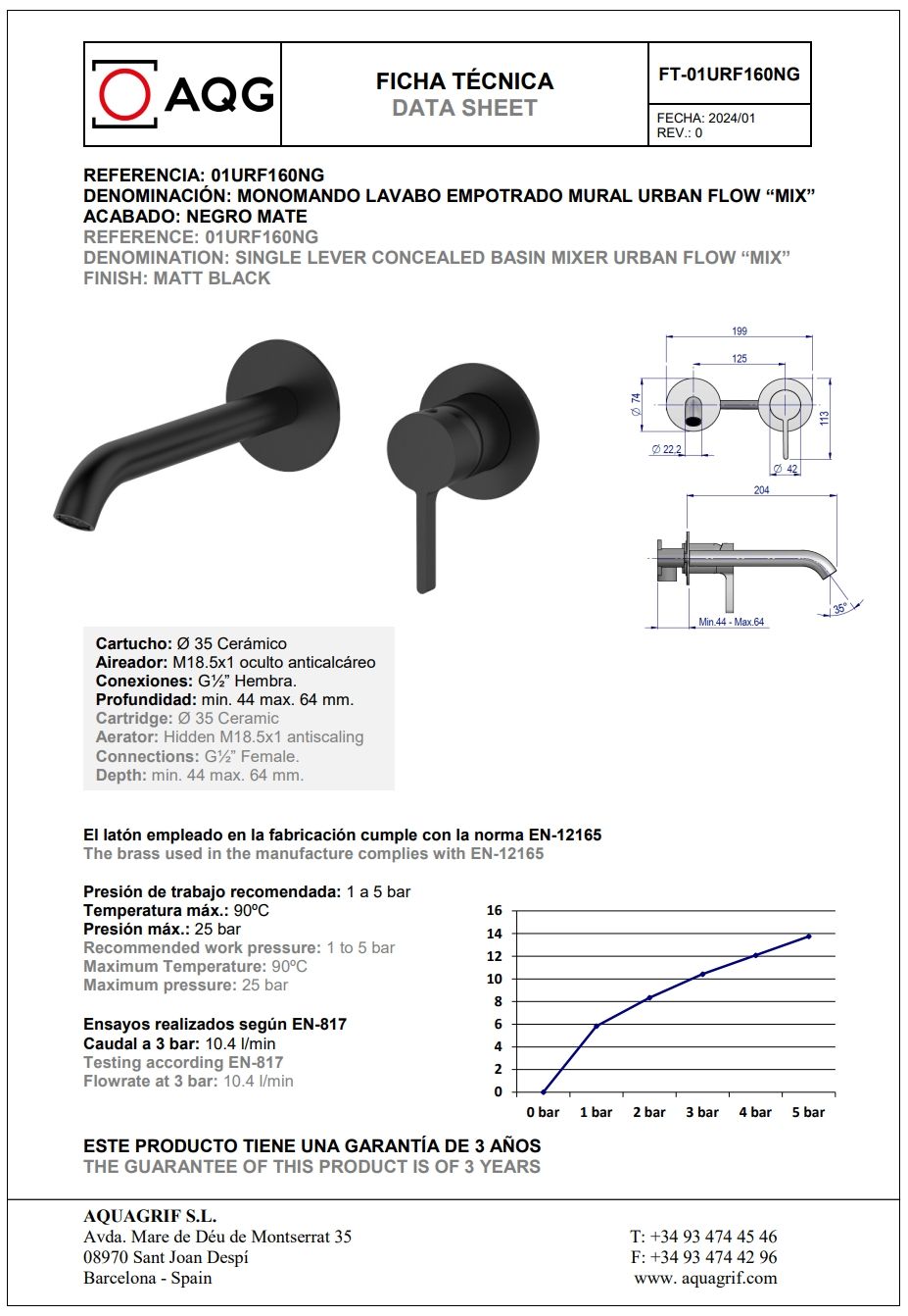 01URF160NG AQG Urban Flow Two, встраиваемый в стену однорычажный смеситель для раковины, цвет черный матовый