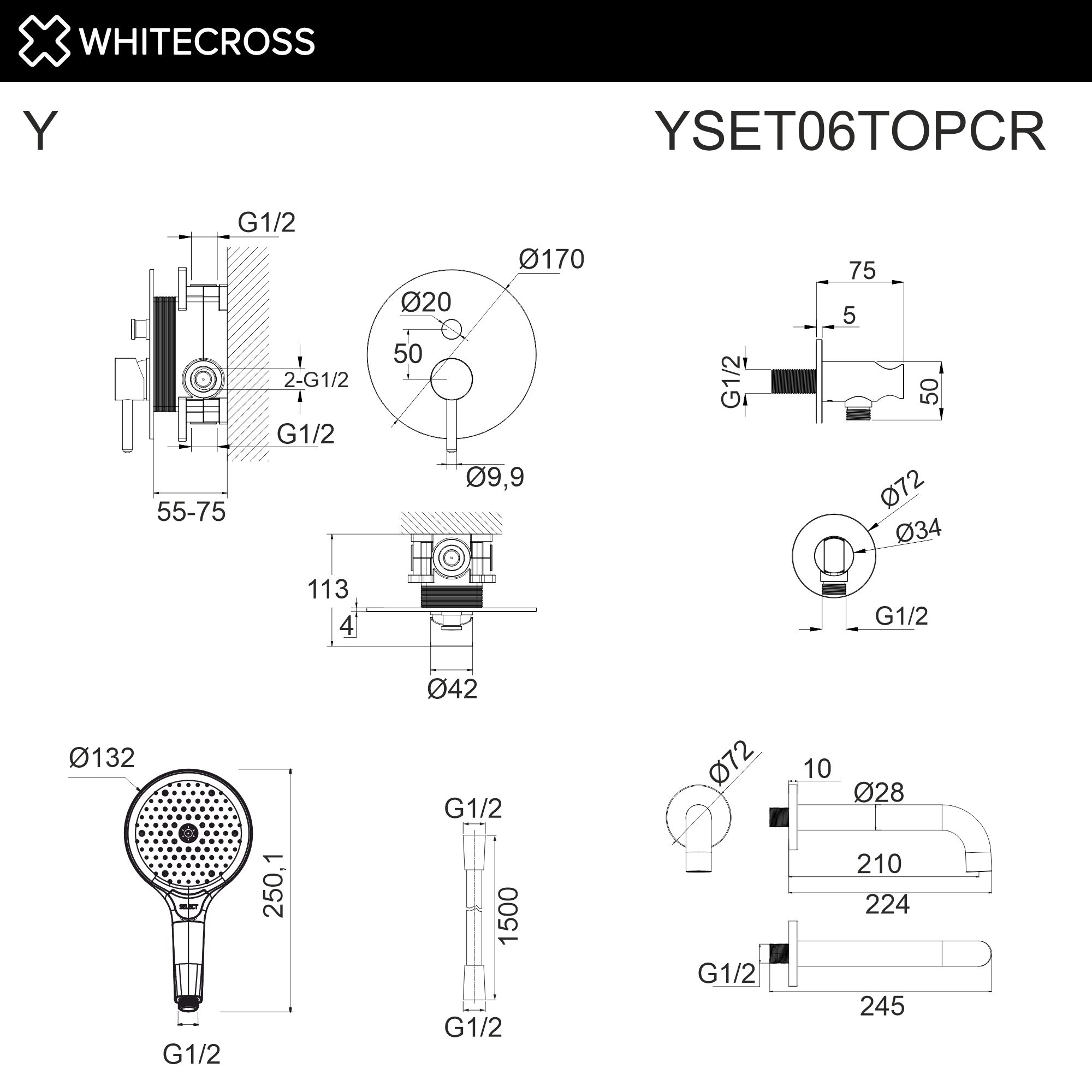Система для ванны скрытого монтажа WHITECROSS YSET06TOPCR (хром)