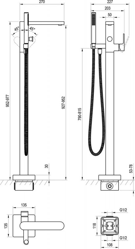 X070434 Смеситель для ванной Ravak Chrome напольный с душевым набором черный