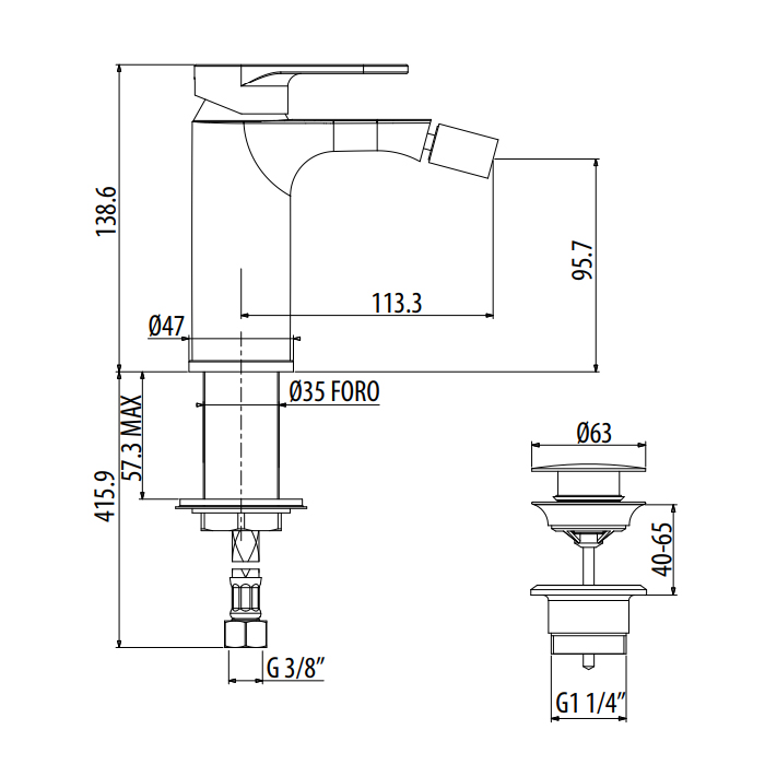 Gattoni H2Omix7000 Смеситель для биде, на 1 отв., с донным клапаном, излив 113.3 мм, цвет: хром 7005570C0