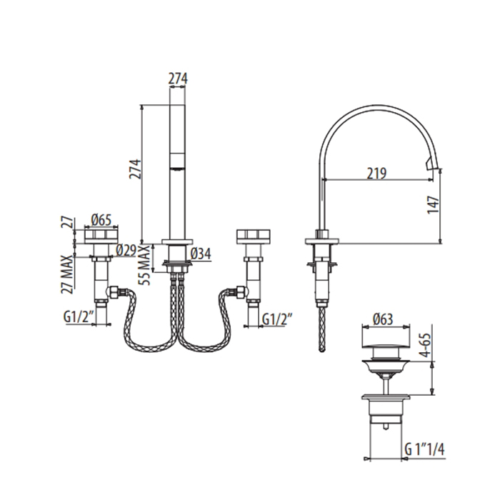 Gattoni GAS Смеситель для раковины, на 3 отв., в комплекте цвет: Matt old brass GS106/31VB