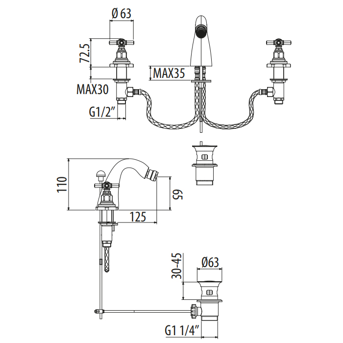 Gattoni TRD Смеситель для биде, 3 отв., ручки Paris, цвет: хром TR142/18C0