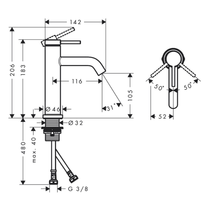 73311000 Hansgrohe Tecturis S Смеситель для раковины, 1 отв., без донного клапана, цвет: хром
