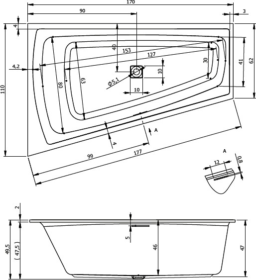 Ванна акриловая RIHO Still Smart R 170x110 без гидромассажа BR0300500000000