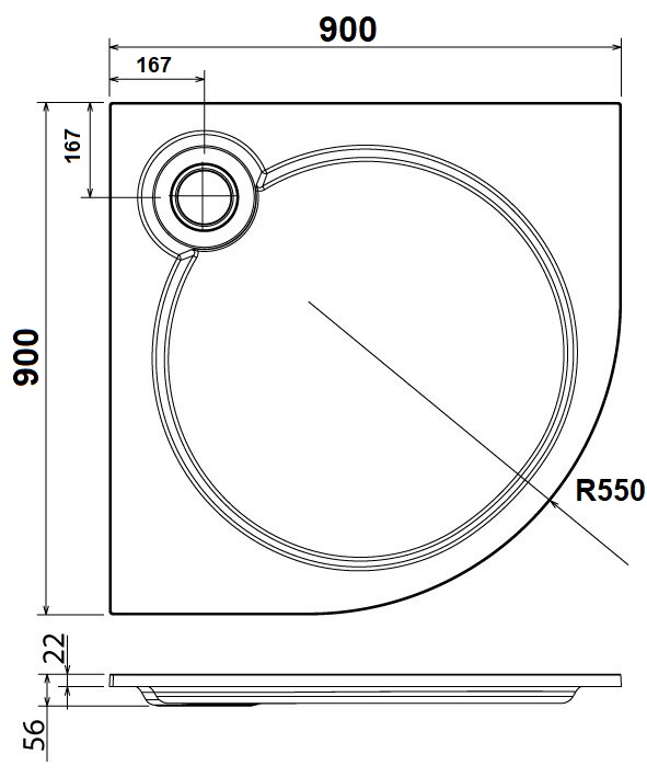 TRAY-S-R-90-550-56-W Встраиваемый литой поддон из искусственного мрамора радиальный 900х900х56, белый (Bianco)