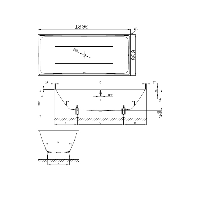 3172-000 PLUS Bette Loft Ванна с шумоизоляцией 180х80х42см., BetteGlasur® Plus, встраиваемая, цвет: белый