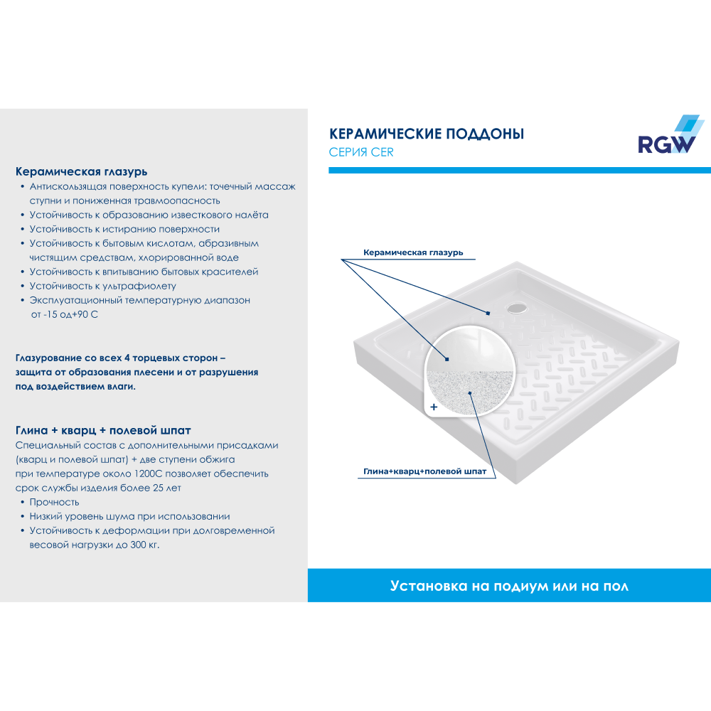 Поддон для душа квадратный керамический RGW CR B Черный 900x900