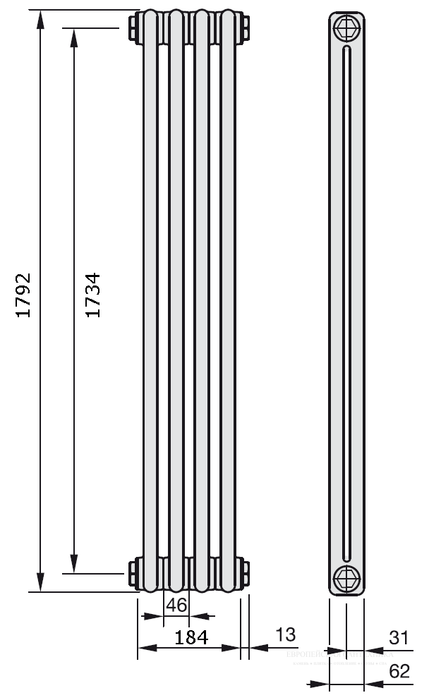 CH 2180-04 1270 3/4 Ral 9016 Zehnder Charleston радиатор отопления 2-х трубный 1792х184х62 боковое подключение 1270 3/4" Ral 9016