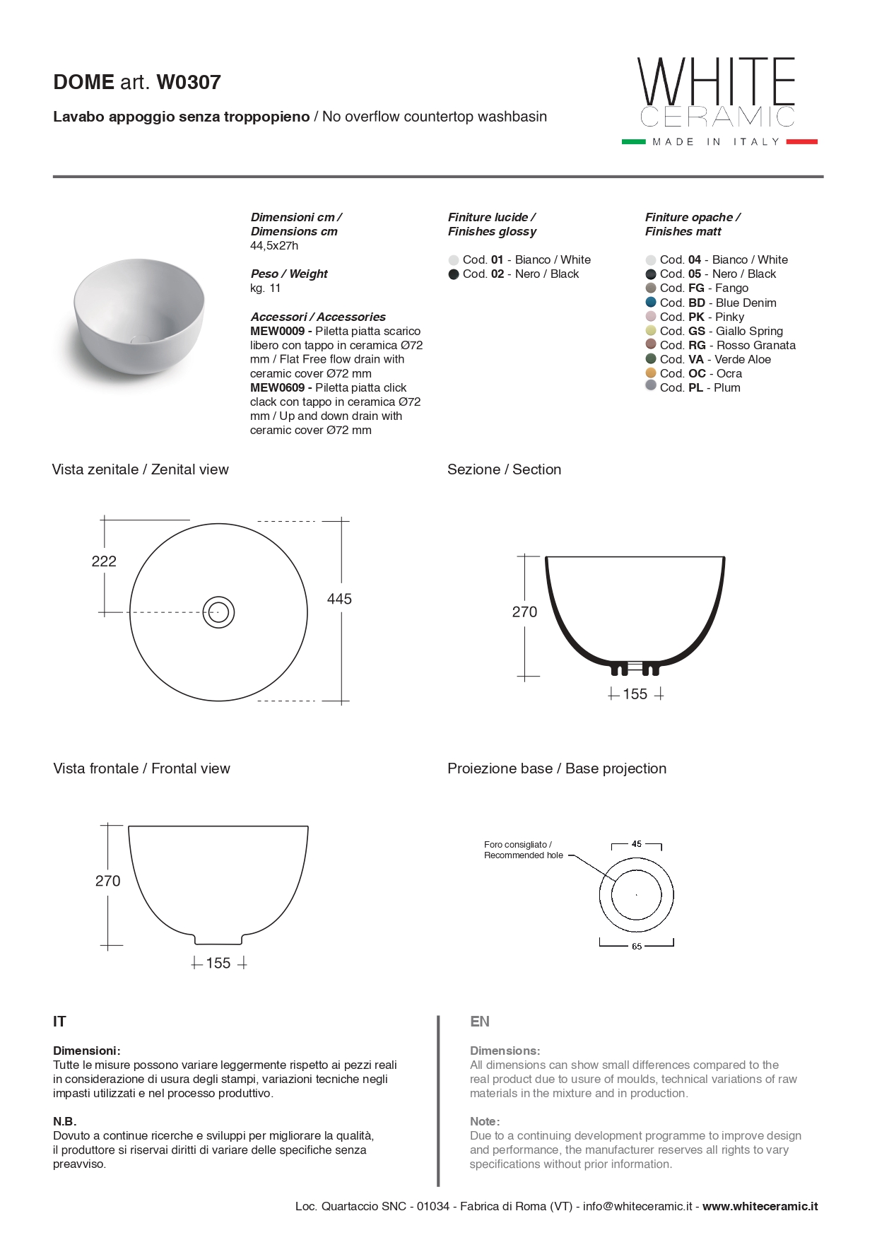 White Ceramic Dome, накладная круглая раковина Ø44,5x27h см, цвет кофейный матовый W0307CF