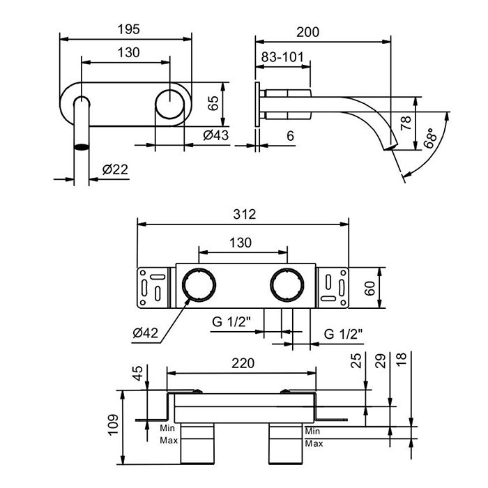 Fantini Nice Смеситель для раковины, настенный, излив: 200 мм, цвет: хром 65 02 S013SB