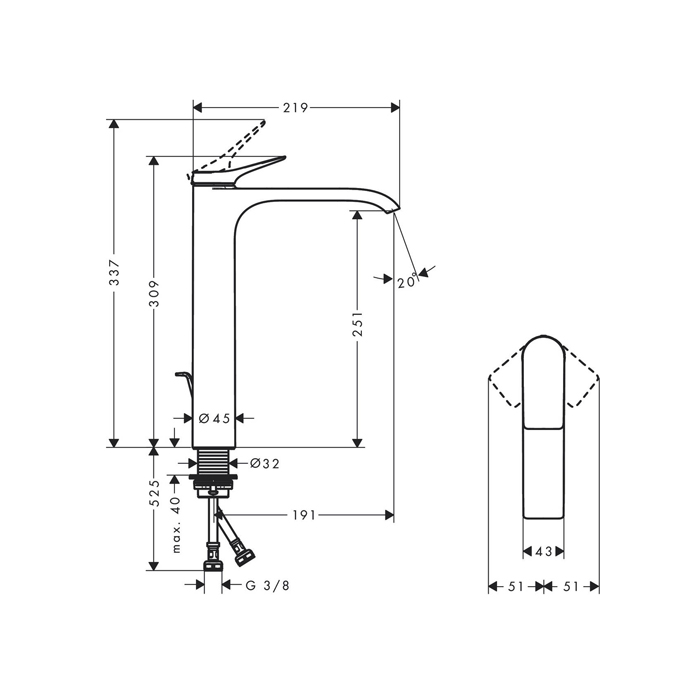 75040670 Hansgrohe Vivenis Смеситель для ванны раковины на 1 отверстие, однорычажный, высокий, цвет: черный матовый