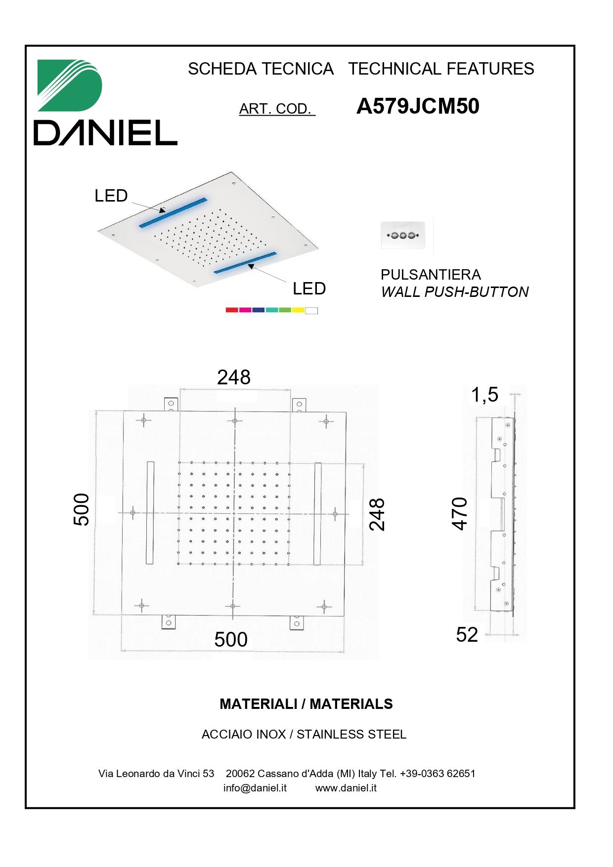Daniel, потолочная лейка для душа с 7 цветной светодиодной подсветкой, 500x500 мм, цвет хром