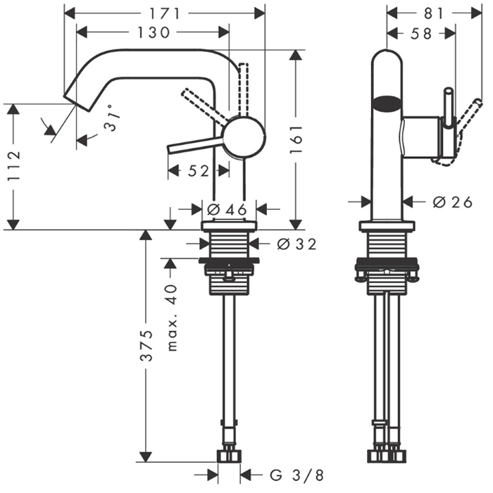 73320000 Hansgrohe Tecturis S Смеситель для раковины, 1 отв., с донным клапаном, цвет: хром
