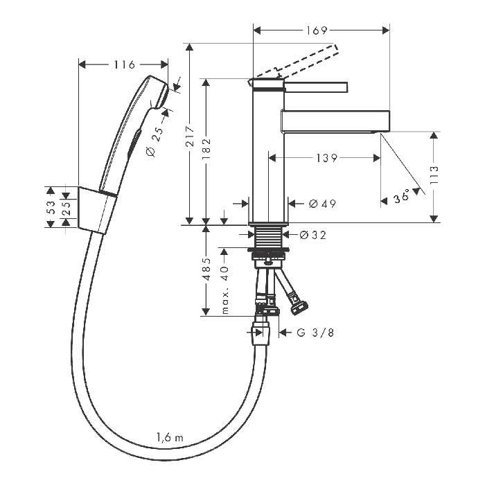 76210670 Hansgrohe Finoris Смеситель для раковины, однорычажный, 110 с набором для биде со шлангом 1,60 м, цвет: матовый черный