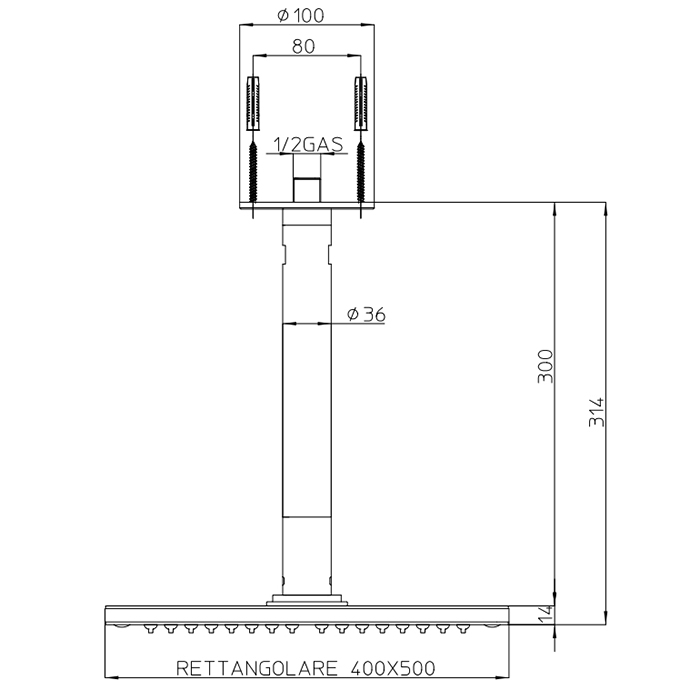 BOSSINI DREAM-RECTANGULAR Верхний душ 500 x 400 мм 1 режим - держателем вертикальным 300 x d 36 мм, цвет: хром H35369.030