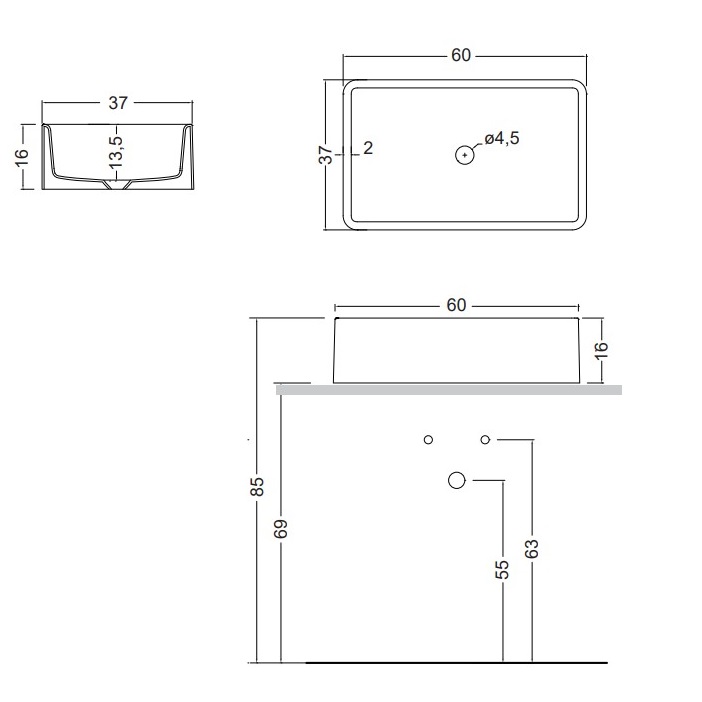 001 383 013 NIC Design Semplice раковина 600x370 мм, прямоугольная, цвет Antracite