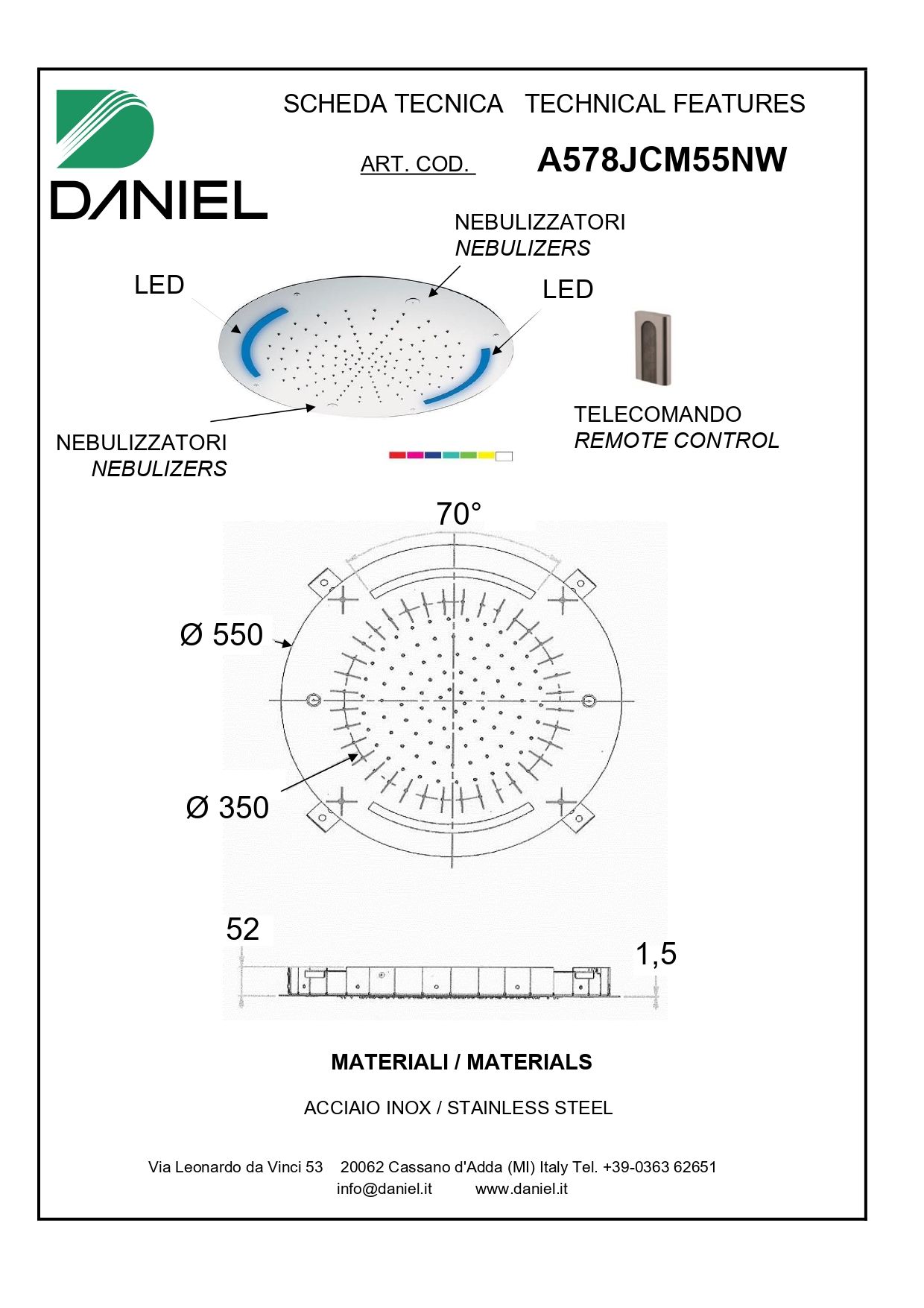 Daniel, потолочная лейка для душа (3х режимная) с 7 цветной светодиодной подсветкой, d550 мм, цвет хром