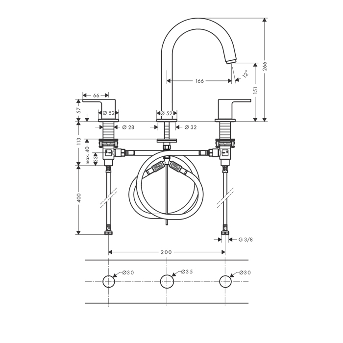 Hansgrohe Vernis Shap Смеситель для раковины, на 3 отв, с донным клапаном, цвет: матовый черный 71563670