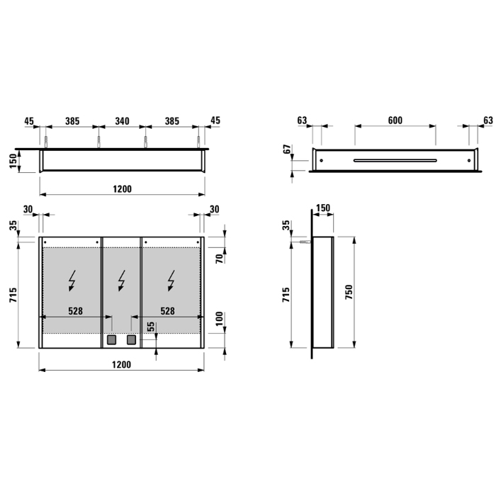 Laufen Frame Зеркальный шкаф 120x75см., LED-подсветка, алюминий, 3 двери, 2 розетки 4.0880.4.900.144.1