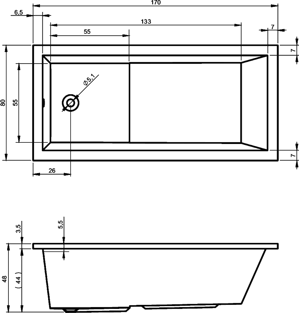 Ванна акриловая 170x80 RIHO Lusso Plus BA1200500000000
