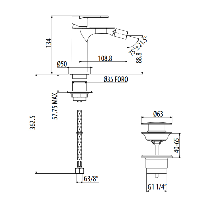 Gattoni H2Omix7000 Смеситель для биде, на 1 отв., с донным клапаном, излив 108,8 мм, цвет: черный матовый 7005070NO