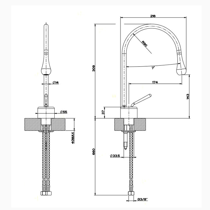 Gessi Goccia Смеситель для раковины на 1 отверстие, излив 174мм R=90, цвет: хром 33601#031