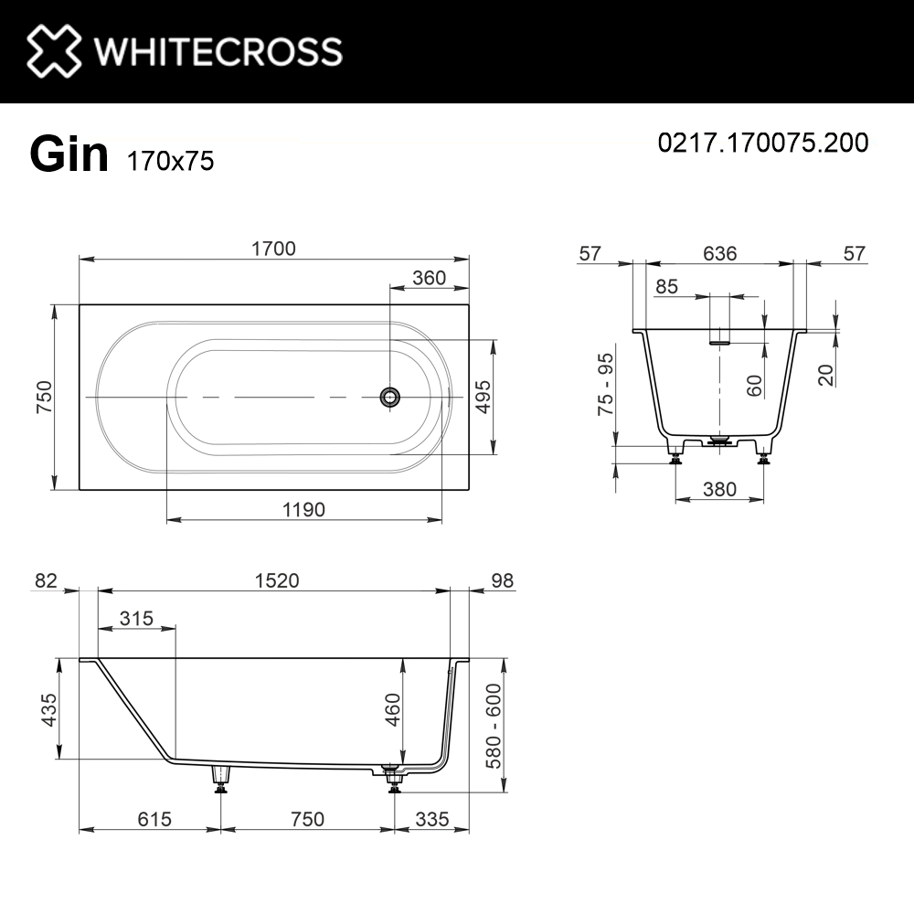 Ванна из искусственного камня 170x75 WHITECROSS Gin (белый мат)