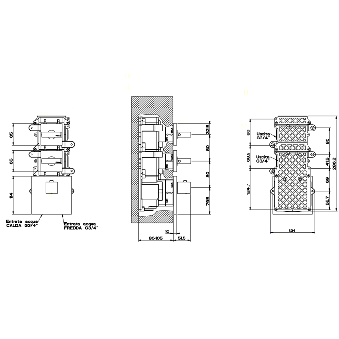 Gessi Rettangolo Встраиваемый термостатический смеситель, подключение на 3/4, с 2-мя независимыми выходами, внешняя часть, цвет: хром 43214#031