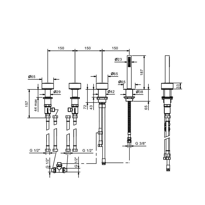 Fantini Nice Смеситель для ванны, набортный, 4 отв., без излива, цвет: хром 65 02 S067S
