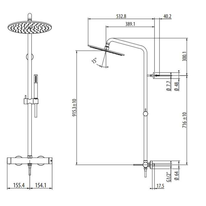 Gattoni Circle Two Комплект для душа: монокомандный смеситель, душевая стойка, душевая лейка 250мм, ручной душ, цвет хром 9195/PDC0