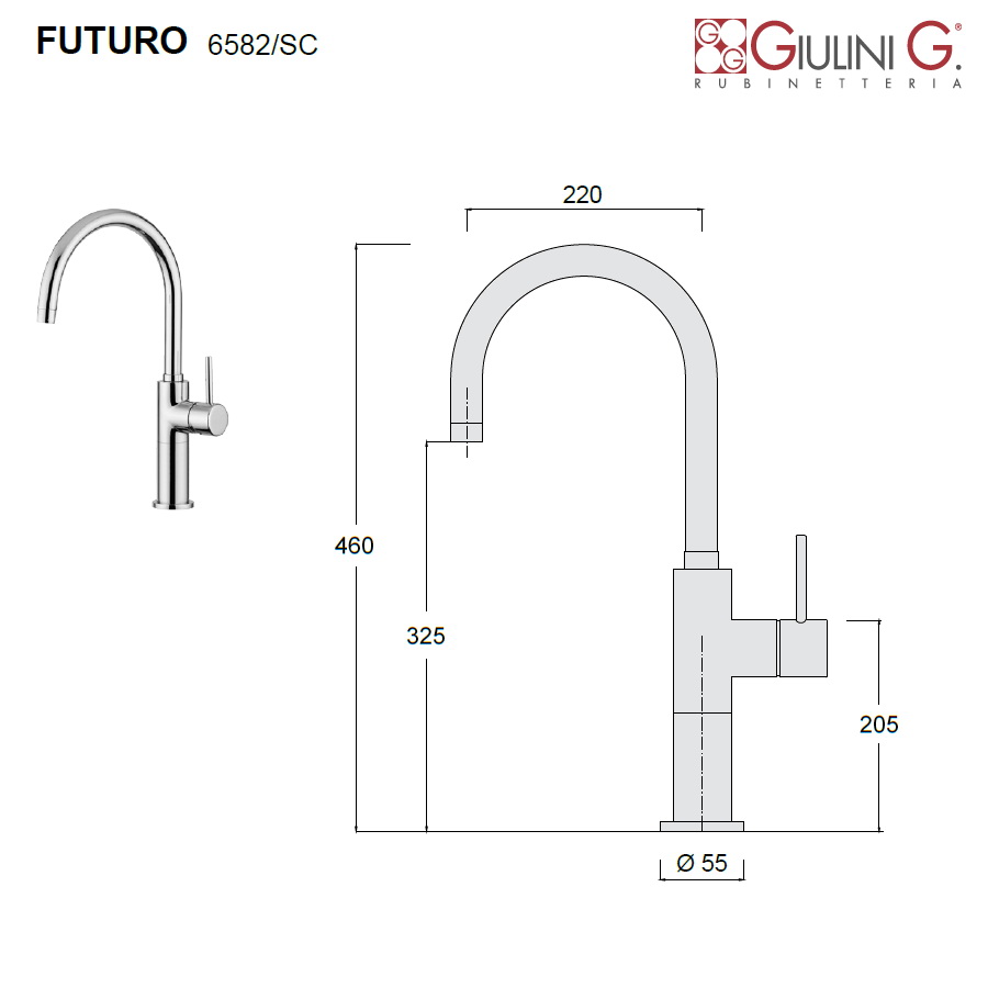 Смеситель для раковины с высоким изливом без донного клапана Giulini Futuro хром F6582/SC