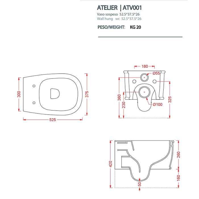 Artceram Atelier Унитаз подвесной, 52х37см, безободковый, с крепежом, цвет: marrone tortora ATV001 40 00