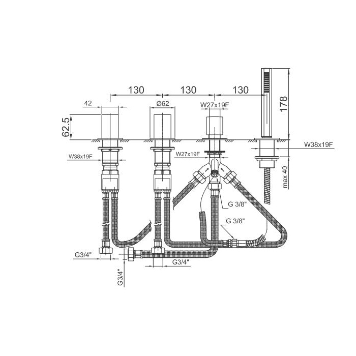 Fantini Venezia Смеситель для ванны, набортный, 4 отв., без излива, цвет: хром 29 02 N467S