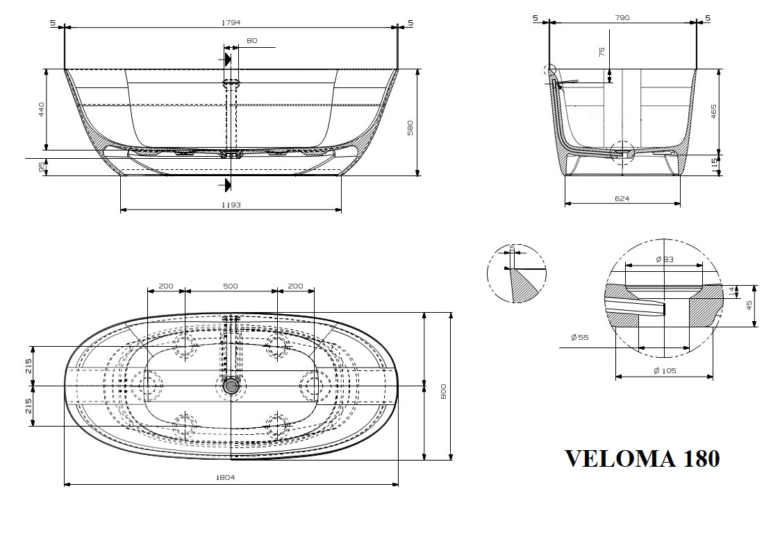 Ванна PLUMBERIA SELECTION Veloma 180BO