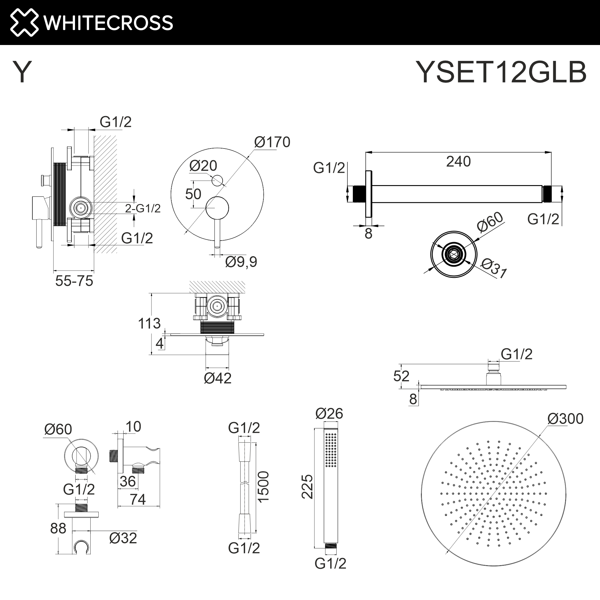 Система для душа скрытого монтажа WHITECROSS YSET12GLB (брашированное золото)